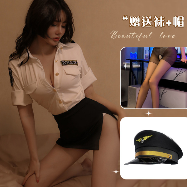 Qingran Sexy Air Hostess Costume Set - Role Play Lingerie Skirt Outfit for Adults - White + black hat + black open-crotch socks