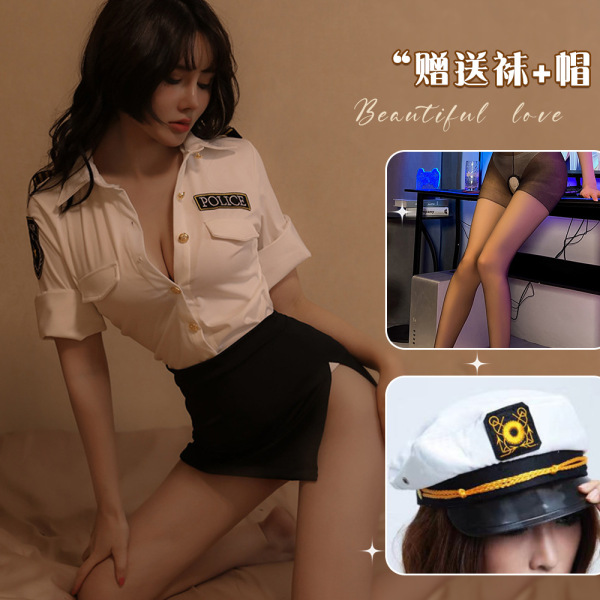 Qingran Sexy Air Hostess Costume Set - Role Play Lingerie Skirt Outfit for Adults - White + white hat + black open-crotch socks
