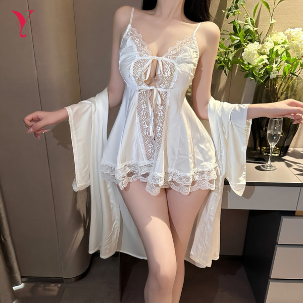 Sexy yese lace trim hollow-out cami sleep dress with matching robe - elegant white lingerie set for women