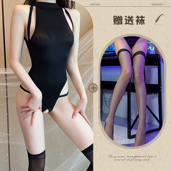 Sexy Lingerie Set with Open-Crotch Design - Seductive Costume Sleepwear for Women, No-Remove Stylish Outfit - Black + Black Fishnet Stockings