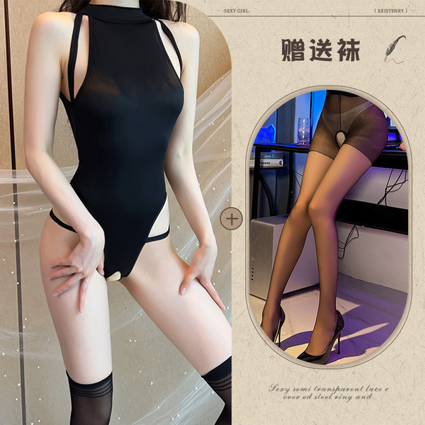 Sexy Lingerie Set with Open-Crotch Design - Seductive Costume Sleepwear for Women, No-Remove Stylish Outfit - Black + Black Open Crotch Socks