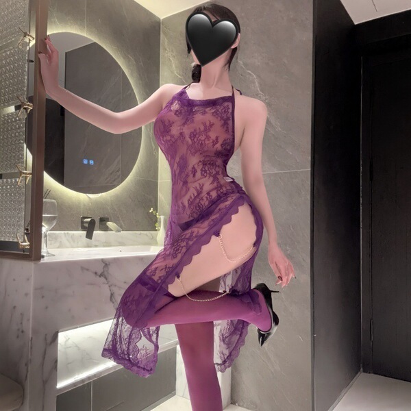 Plus Size Sexy Lingerie Dress - Busty Lace Sheer Slip Nightgown with Chains & High Slit Qipao Style - purple long dress