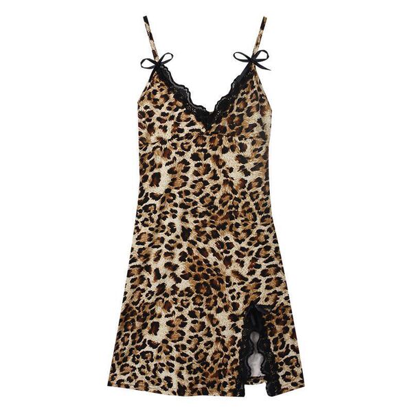 Leopard print lace chemise with black trim and bow straps, a seductive erotic sleepwear set for women.