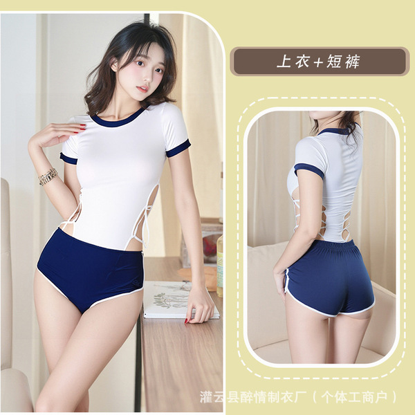 Campus Sexy Women's Sleepwear Set - Cute & Spicy Short Sleeve Tie-Front Bodysuit with Matching Lingerie - White