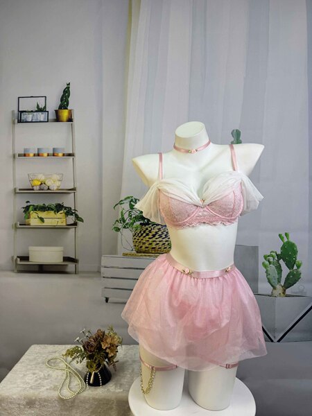 TEMU European and American style Pure & Playful Floral Mesh Mini Skirt - Sexy Roleplay Lingerie Outfit for Women - pink