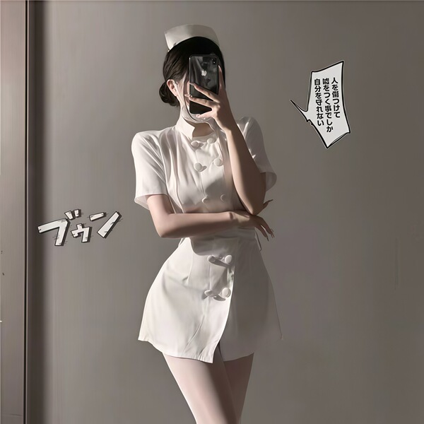 Plus Size Sexy Nurse Costume Set - Seductive No-Remove Sleepwear Skirt with Ties, Pure & Tempting Lingerie - Nurse uniform + matching open-crotch stockings