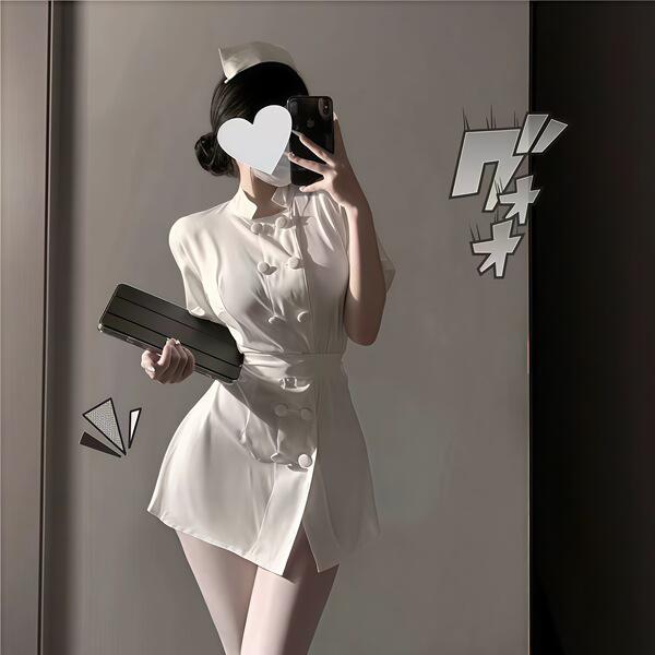 A woman poses in a white nurse costume set, featuring a silky skirt with ties and buttons, embodying elegance and allure.