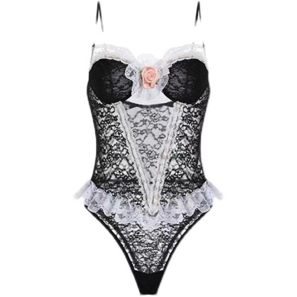 Sensual Lace Bodysuit - Cute & Sexy Uniform-Style Sleepwear for Women, Flirty Bedroom Outfit - black