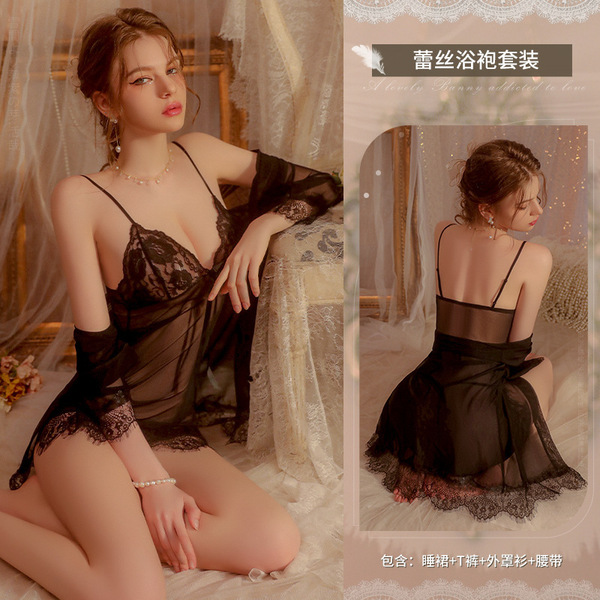 Elegant Lace Sheer Babydoll Set for Women – Sexy Transparent Camisole & Matching Panty Ensemble - black
