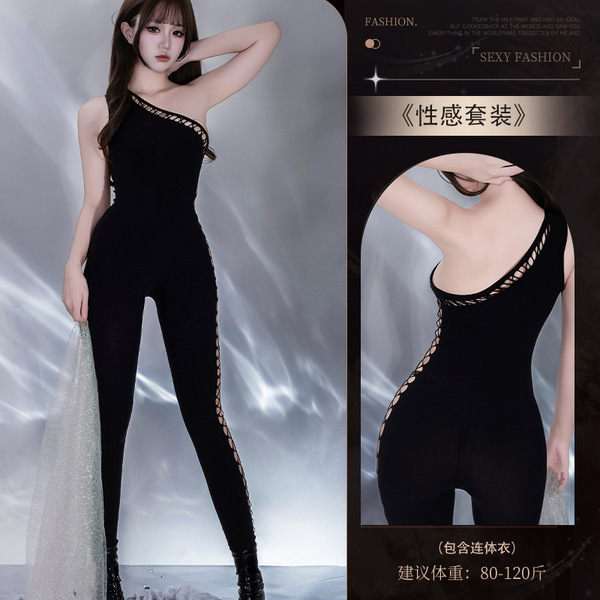 Gorgeous Cloud Sensual Mesh Bodysuit - Side Cutout Sheer One-Shoulder High-Stretch Tight-Fit Bodystocking for Women - 4661 Black [Mesh Bodysuit]