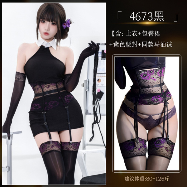 Guoyun Aurora Shiny Silk Stockings with Lace - Sexy Oil-Gloss Garter Belt Set for Women - 4673 Black Suit + [4648★ Black and Purple Waist Belt + S63 Black and Purple Matching Horse Oil Socks]