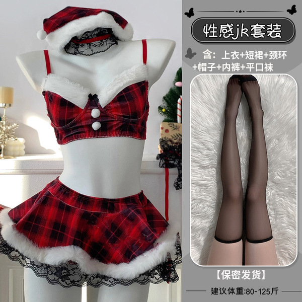 Genuine Yun Red Christmas Lingerie Set - Sexy New Year Sleepwear, Pure-Allure JK Uniform for Women - 4717 Red Set [+S3 Flat-Top Stockings]
