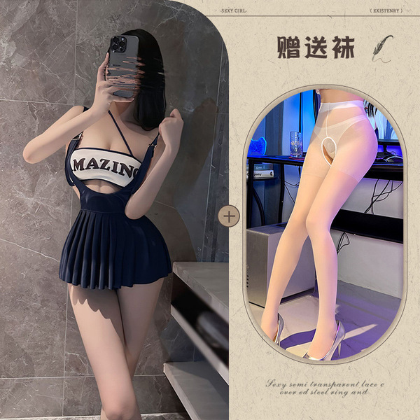Mannye Qing Pure & Tempting JK Uniform Lingerie Set – Busty Crop Top & Pleated Skirt for Cosplay, Night Out & Role Play - Picture set + white open-crotch socks