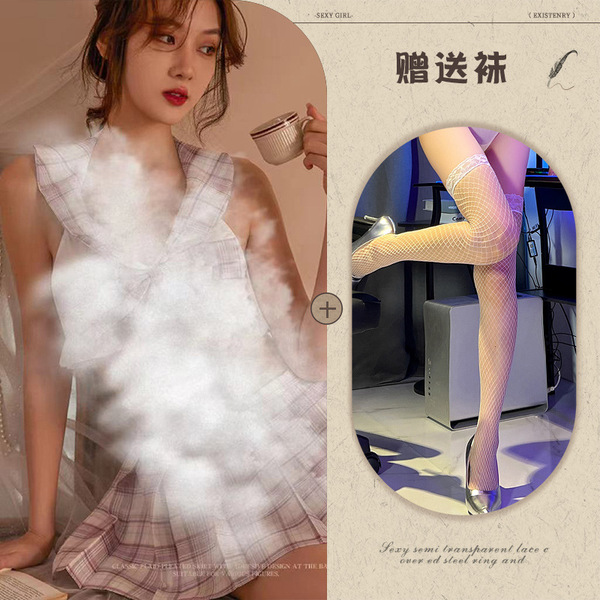 Qingran Sexy Plaid JK Uniform Set - Summer Student Lingerie with Lace-Up & Cut-Out Details - Picture set + white fishnet stockings