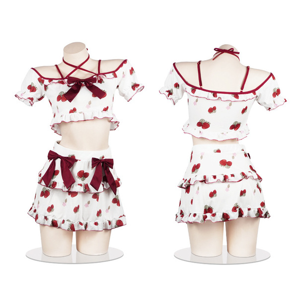 Japanese-style strawberry-themed two-piece sleepwear set featuring ruffled tops with bows and tiered skirts, perfect for sedu...