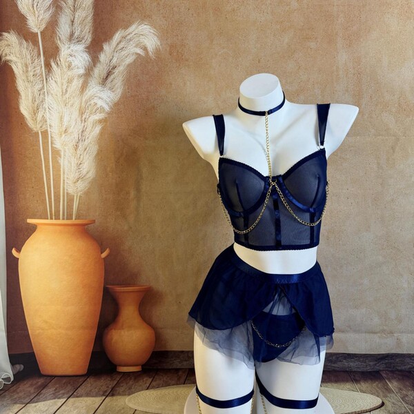 Sexy adorable sheer lace babydoll set with chain detail & thigh highs, perfect for womens lingerie collection