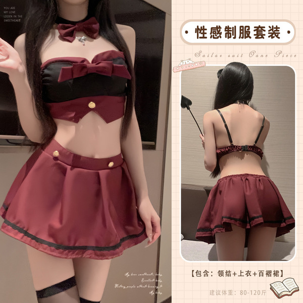 Sexy Lingerie Set - Seductive JK Schoolgirl Outfit with Bow & Pleated Skirt, No-Remove Pure Temptation Ensemble - Black and red JK uniform