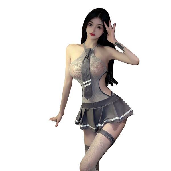 Seductive lace mesh jk uniform set featuring a sexy no-remove bodysuit with tie detail, perfect for adults.