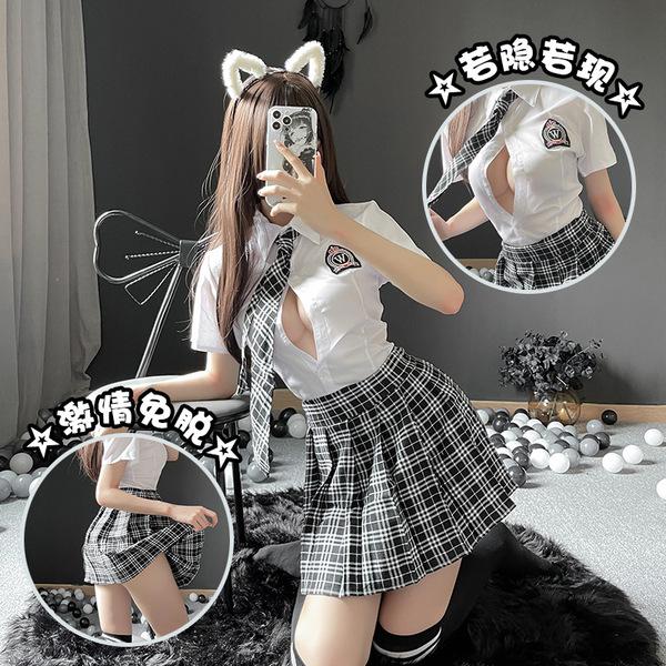 Sexy plaid student uniform set - seductive jk style pleated skirt with open-crotch design, pure & tempting outfit