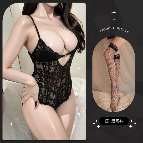 Lemon Story Sexy Sleepwear for Women - Backless Summer Lingerie, Push-Up Thin Bodysuit for Small Busts - 8842 Black + Black Fishnet Stockings