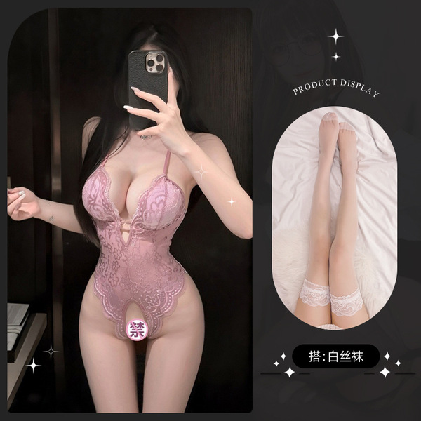 Lemon Story Sexy Sleepwear for Women - Backless Summer Lingerie, Push-Up Thin Bodysuit for Small Busts - 8413 Light purple + white stockings