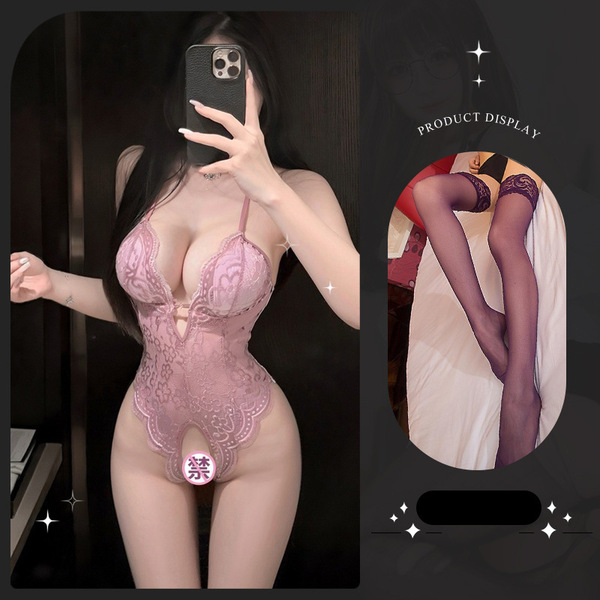 Lemon Story Sexy Sleepwear for Women - Backless Summer Lingerie, Push-Up Thin Bodysuit for Small Busts - 8413 Light purple + purple stockings