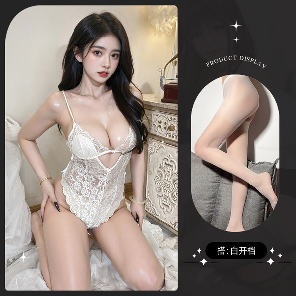 Lemon Story Sexy Sleepwear for Women - Backless Summer Lingerie, Push-Up Thin Bodysuit for Small Busts - 8842 White + White Open Crotch Socks