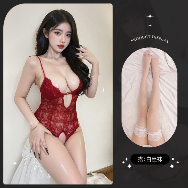 Lemon Story Sexy Sleepwear for Women - Backless Summer Lingerie, Push-Up Thin Bodysuit for Small Busts - 8842 Burgundy + White Stockings