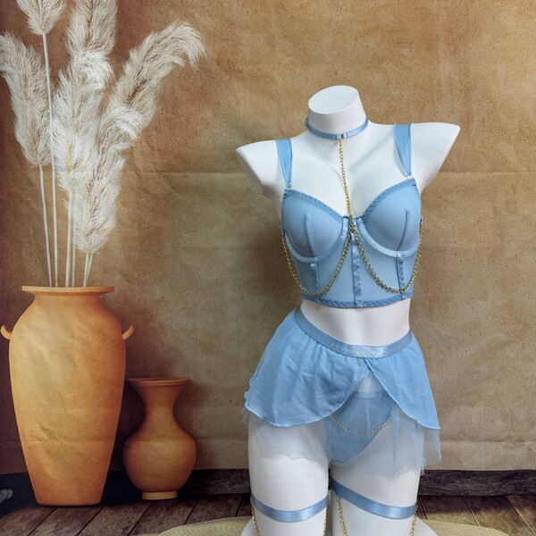 Adorable Sheer Lace Babydoll Set with Chain Detail & Thigh Highs - Sexy Lingerie for Women - Light blue (5-piece set)