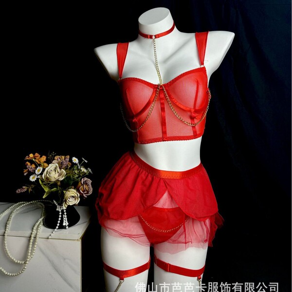 Adorable Sheer Lace Babydoll Set with Chain Detail & Thigh Highs - Sexy Lingerie for Women - Red (5-piece set)