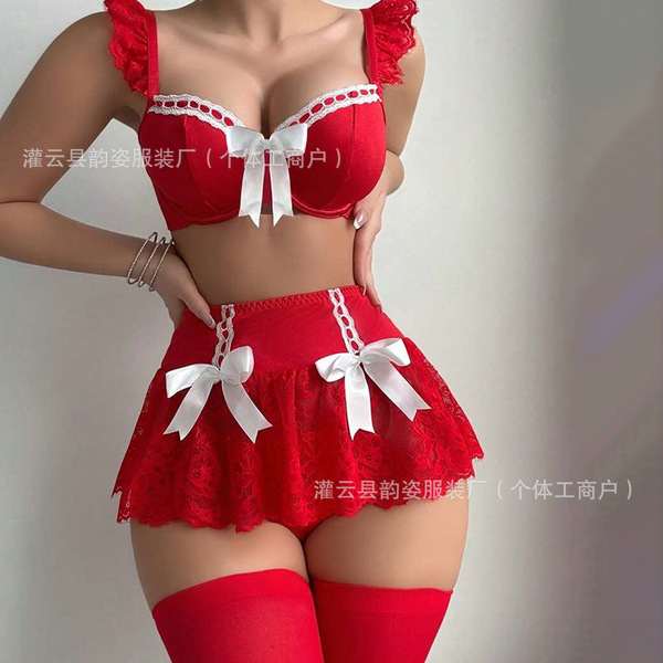 Pure & Spicy Women's Summer Lingerie Set – Sexy Bow Bikini Sleepwear Outfit for Adults - red
