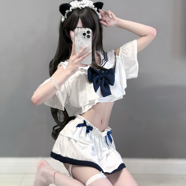 Sailor-Style Sexy Lingerie Set - Sheer JK Uniform Costume for Women, Cute Soft Girl Bedroom Outfit - White