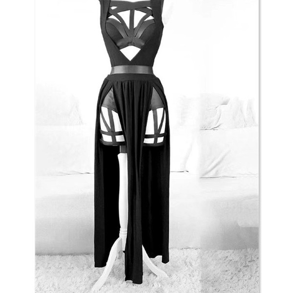 European-Style Sexy Lace Bodysuit with Built-in Pads & Sheer Mesh Skirt - Elegant Erotic Lingerie Set - black
