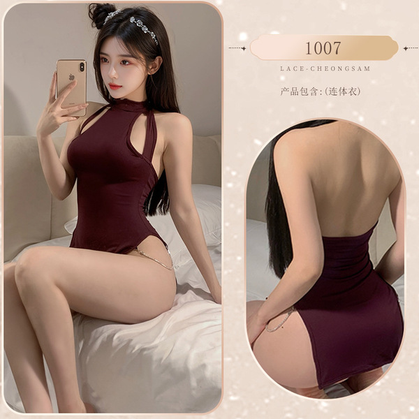Retro Chinese Qipao Lingerie Set - Sexy Role Play Sleepwear, Seductive Costume for Intimate Moments - Image color