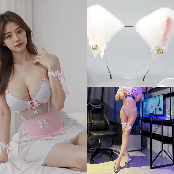 Kitten Roleplay Lingerie Set - Sexy Strapless Sleep Dress with Sheer Chest Detail, Pure & Tempting Costume Outfit - Pink and white suit + 112 white stockings