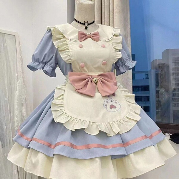 Cute maid costume cosplay dress featuring a charming lolita design, perfect for anime enthusiasts. includes a fluffy bow and ...