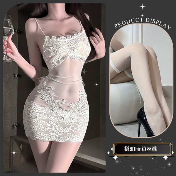 Hidden Water Seductive Lace Bodysuit - Pure & Tempting Maid Costume Sleepwear with Open-Crotch Design for Women - White + white brimless socks