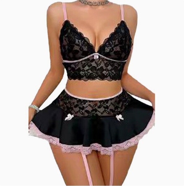 Lace Seductive Maid Costume Set - Sexy Mini Skirt & Matching Top for Women - black