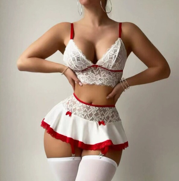 Lace Seductive Maid Costume Set - Sexy Mini Skirt & Matching Top for Women - White