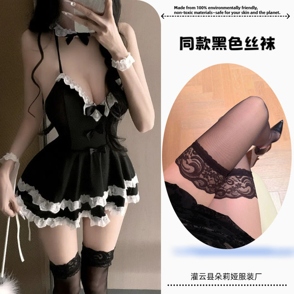 Doliya Sexy Maid Costume Set - Cute & Alluring Backless Lingerie Outfit for Playful Roleplay - Maid + Black Stockings