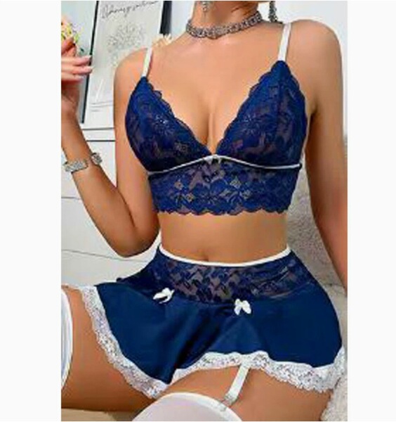 Lace Flirty Maid Outfit Set - Sexy Cross-Border Erotic Mini Skirt & Top for Women - blue