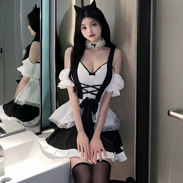 Sexy maid costume outfit featuring black and white design with lace details, perfect for role play and evening wear.