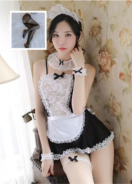Lunar Tide Sheer Lace Maid Costume Set for Women – Seductive Transparent Sleepwear & Erotic Lingerie Outfit - Maid + Black Open Crotch Stockings