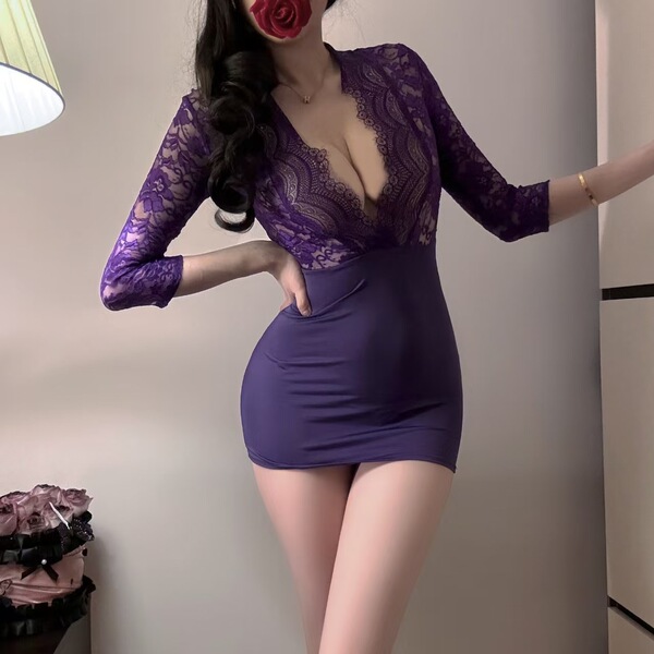 Woman wearing purple lace lingerie set with deep v-neck and fitted skirt, styled as seductive secretary sleepwear for elegant...