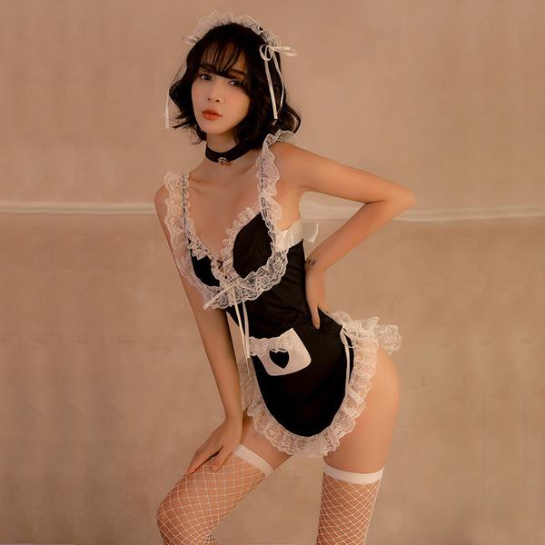 Cute maid costume for women featuring a black and white outfit with lace details, perfect for lolita cosplay or playful serva...