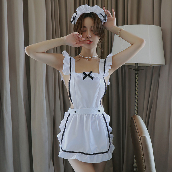 Long Night Seductive Maid Costume Set - Sexy Role Play Lingerie Outfit for Women - White