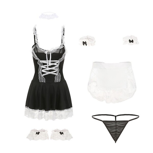 Maid Costume Lingerie Set - Sexy Low-Cut French Maid Outfit with Skirt & Apron, Cute Playful Cosplay Dress - Maid outfit with a slender frame and black suspender stockings