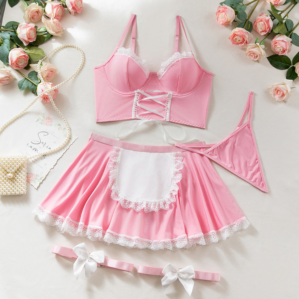 Seductive Maid Costume Set - Sexy Lace & Strap Lingerie Outfit for Role Play & Cosplay - pink