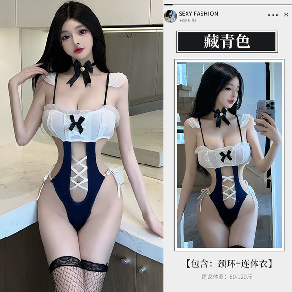 Sexy Maid Costume Outfit for Women - Seductive Role Play Lingerie Bodysuit Set with Apron & Headband - Navy blue