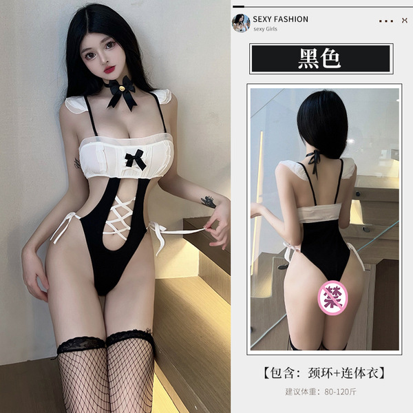 Sexy Maid Costume Outfit for Women - Seductive Role Play Lingerie Bodysuit Set with Apron & Headband - black